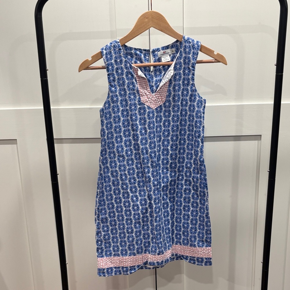 Vineyard Vines Blue Sleeveless Printed Girls' Dress with Pink Trim